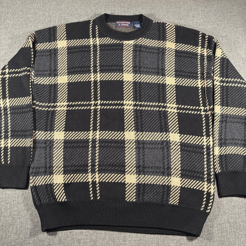 Vintage‎ Roundtree Yorke Grandpa Sweater Mens Large Black Plaid Crewneck Cotton